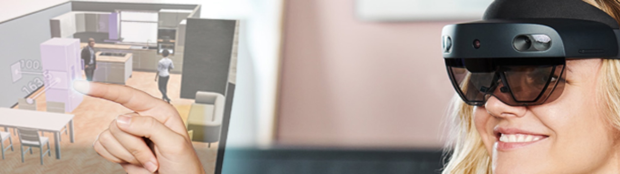 Woman interacting with virtual kitchen while wearing a mixed-reality headset.