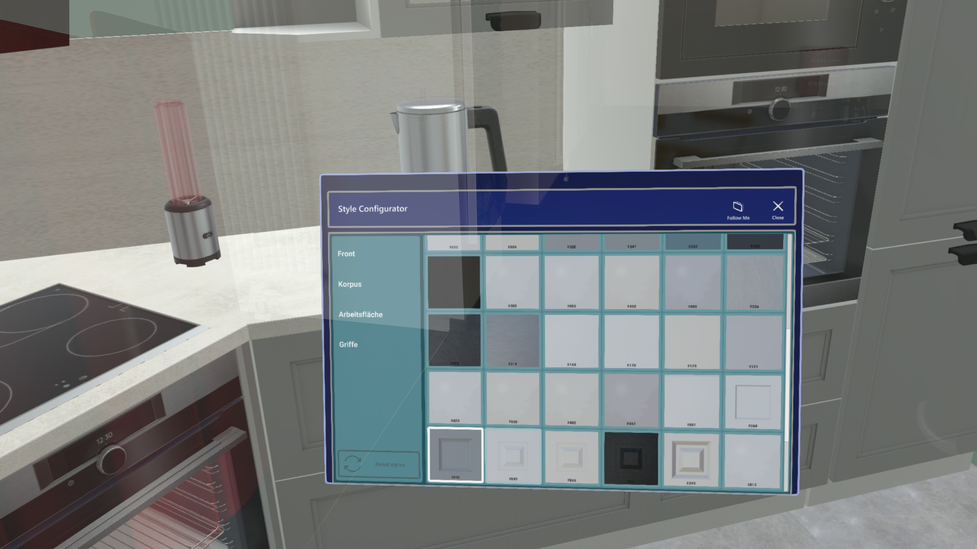 Styles selection panel from an immersive kitchen building concept